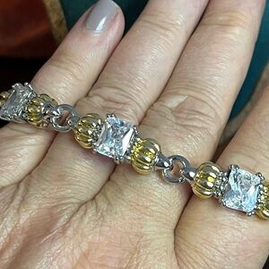 Elegant Silver, Gold and Large CZ Bracelet- substantial but comfortable!  6-3/4”